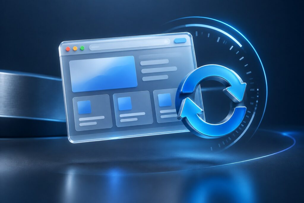 Browserfenster mit blauem Aktualisierungspfeil als Symbol für regelmäßige Browserupdates.