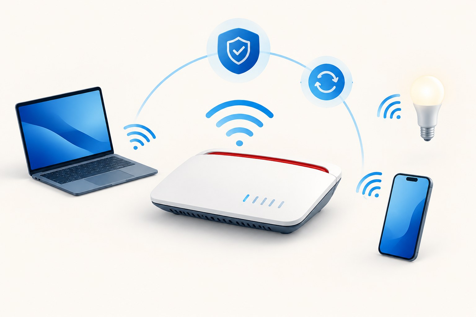 Symbolische Illustration eines WLAN-Routers mit vernetzten Geräten, Schutzschild und Update-Pfeil