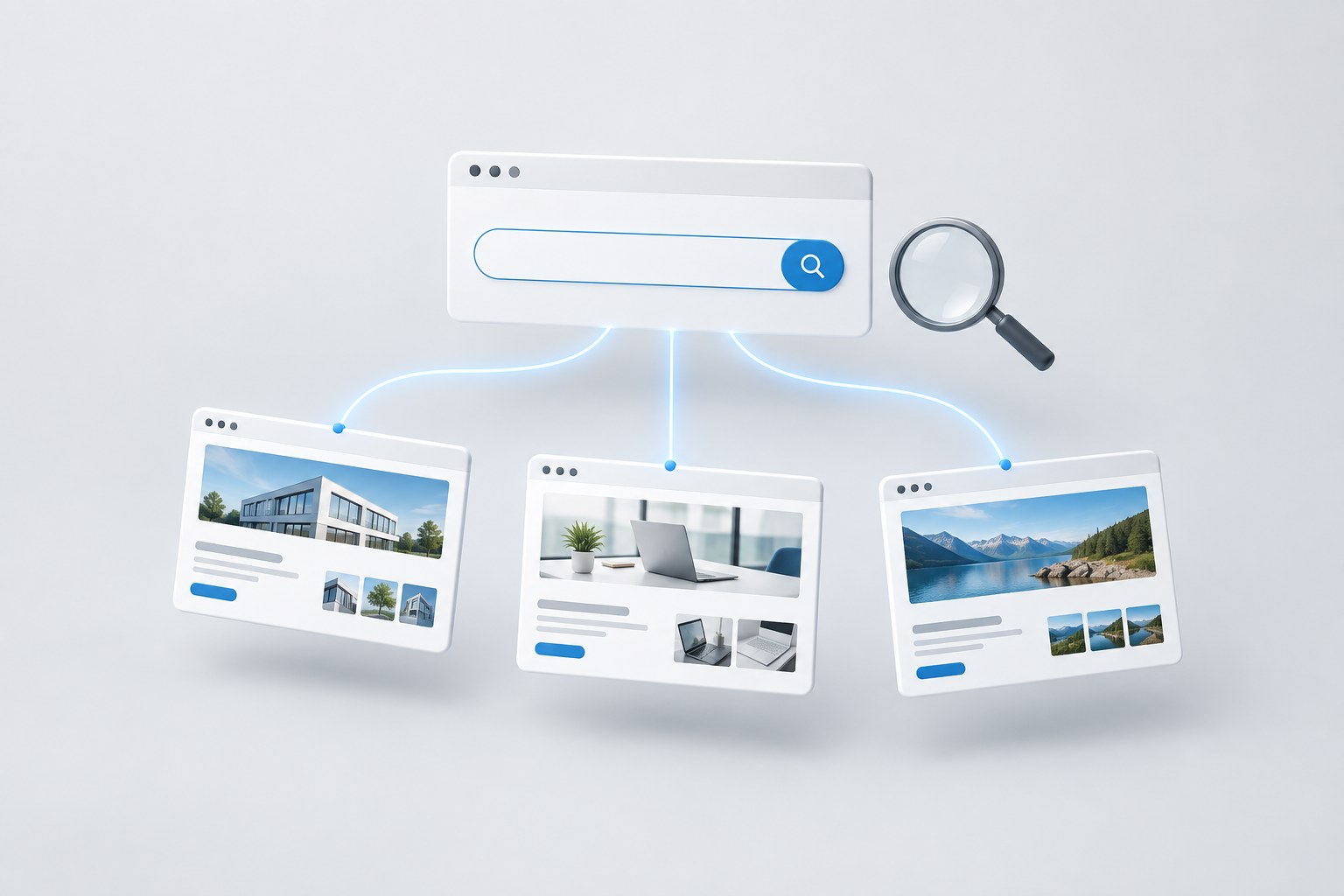 Abstrakte Illustration einer Suchoberfläche mit verbundenen Website-Karten und blauen Akzenten.