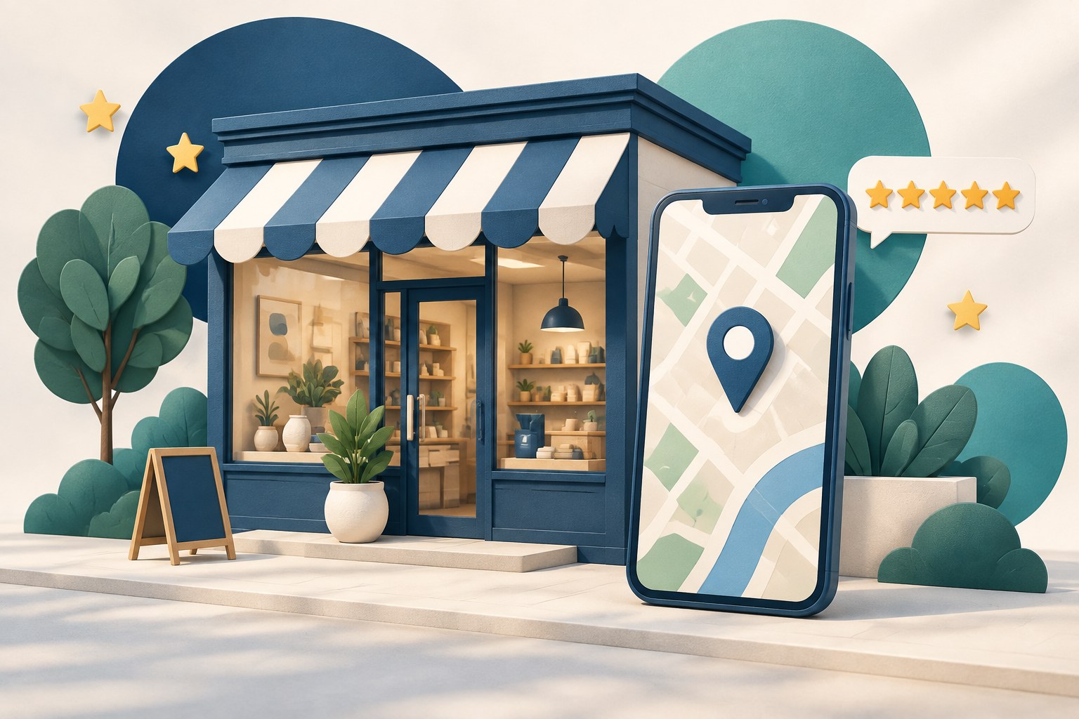 Illustration eines kleinen Geschäfts mit Kartenmarkierung, Bewertungssternen und Smartphone