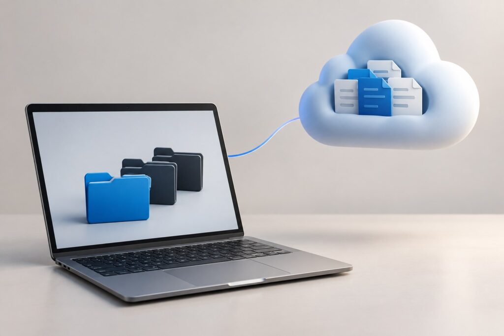 Illustration eines Notebooks mit Dateiordnern und einer räumlich getrennten Cloud als Symbol für lokalen und Online-Speicher.
