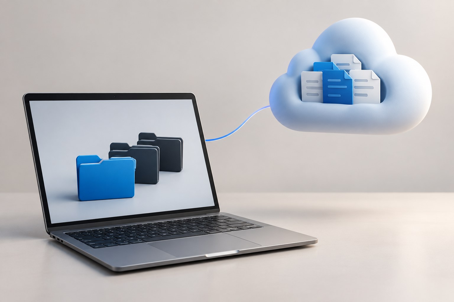Illustration eines Notebooks mit Dateiordnern und einer räumlich getrennten Cloud als Symbol für lokalen und Online-Speicher.