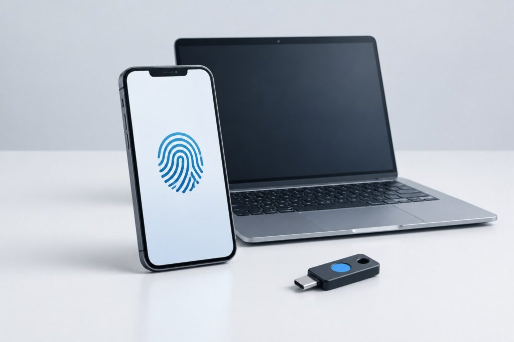 Illustration eines Smartphones mit Fingerabdrucksymbol neben einem Notebook und einem separaten Sicherheitsschlüssel.