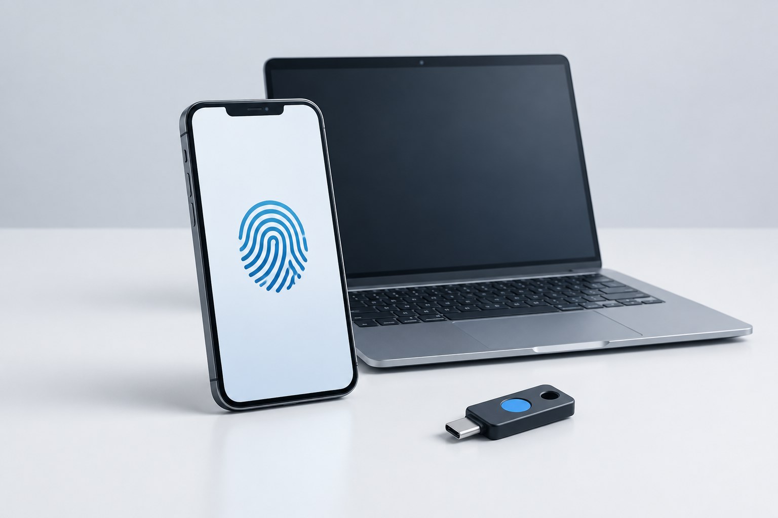 Illustration eines Smartphones mit Fingerabdrucksymbol neben einem Notebook und einem separaten Sicherheitsschlüssel.