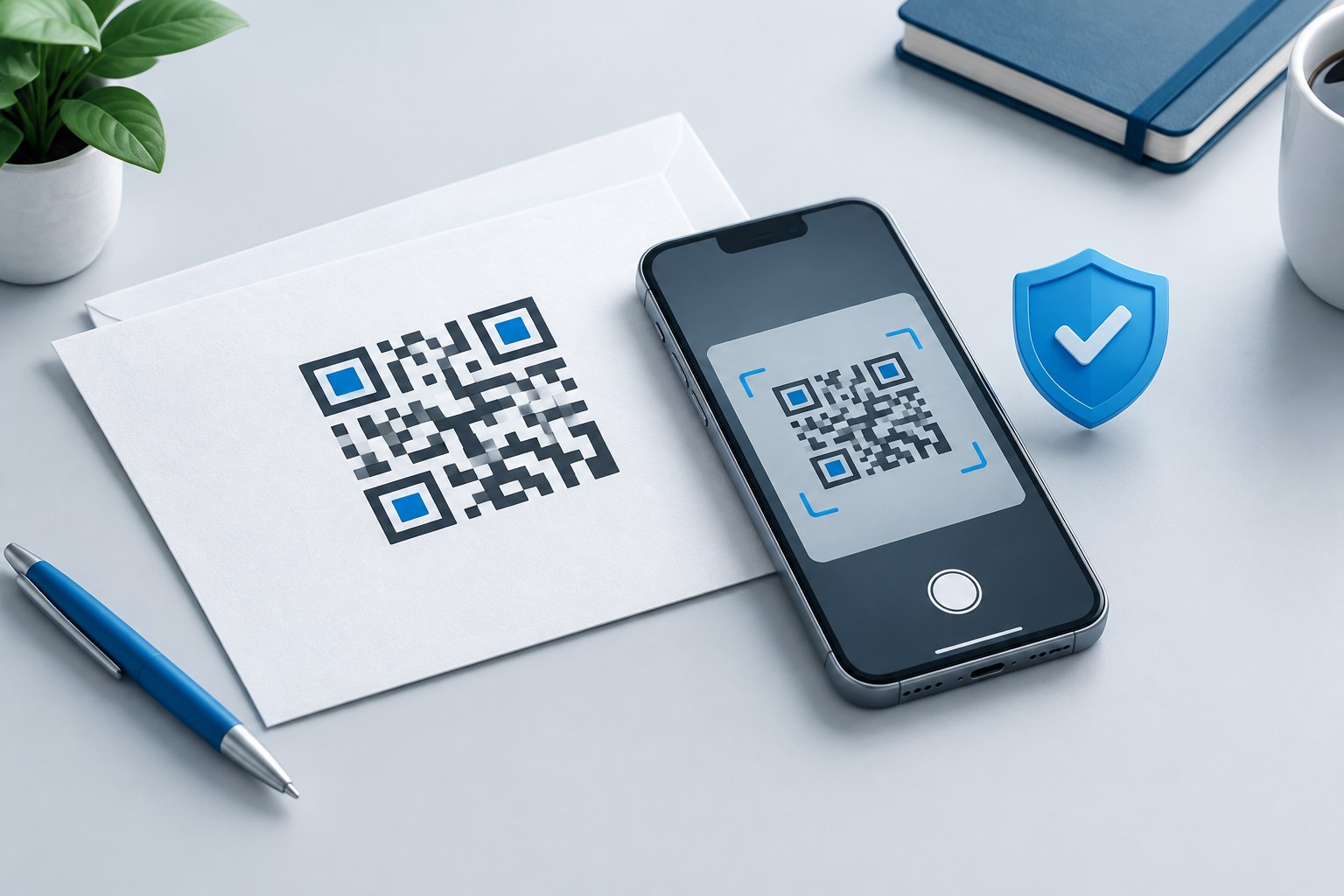 Illustration eines Smartphones vor einem QR-Code auf einem Brief mit blauem Schutzschild als Symbol für die Sicherheitsprüfung.
