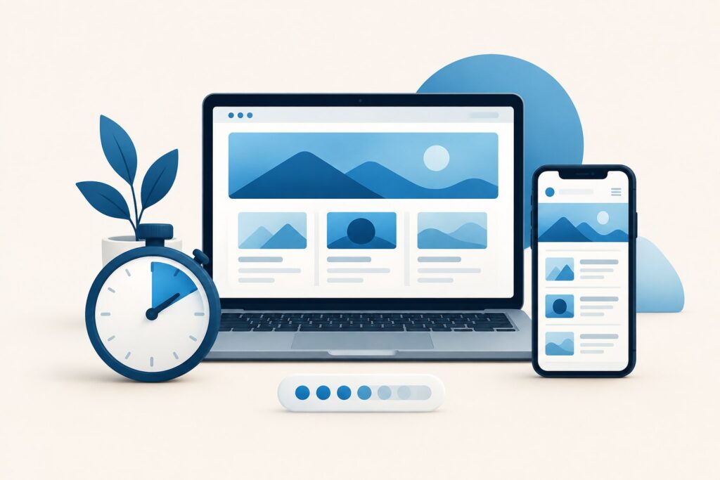 Illustration einer Website auf Laptop und Smartphone mit Stoppuhr und Ladeanzeige