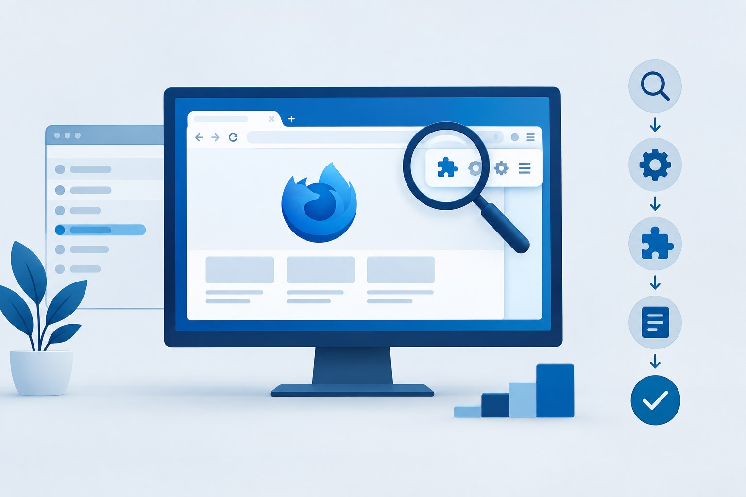 Abstrakte Browseroberfläche mit Lupe und geordneten Diagnoseelementen in Blau
