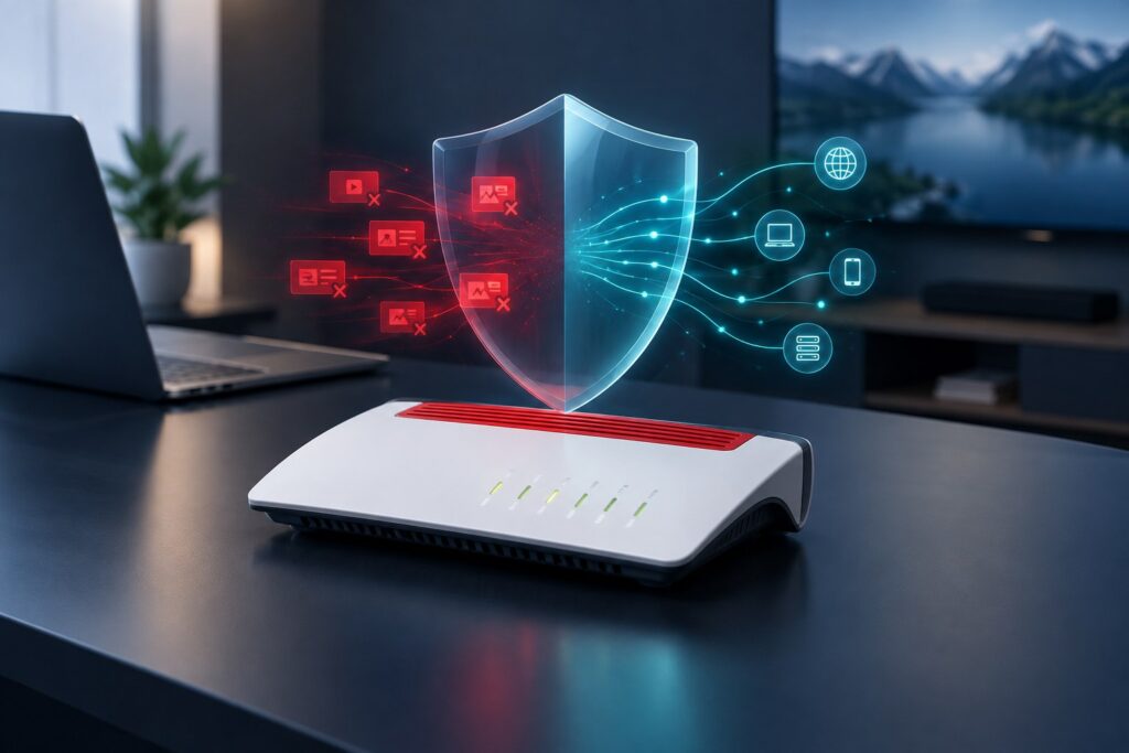 Symbolbild zum DNS-Filter: weiß-roter Router mit Schutzschild zwischen blockierten Werbeelementen und Netzwerkverbindungen.
