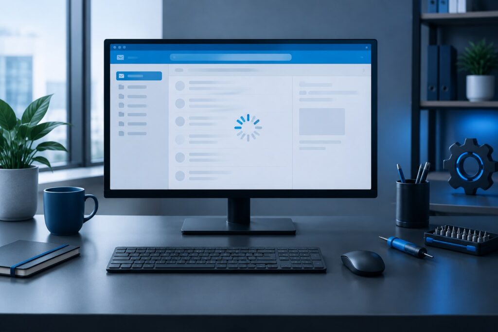 Computerarbeitsplatz mit eingefrorenem E-Mail-Fenster und dezenten Symbolen für Diagnose und Reparatur