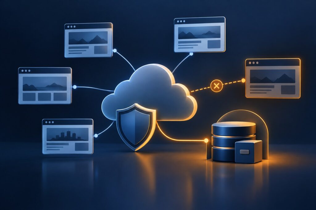 Symbolbild: Eine unterbrochene Cloud-Verbindung mit Schlüssel und geschützten Website-Backups.