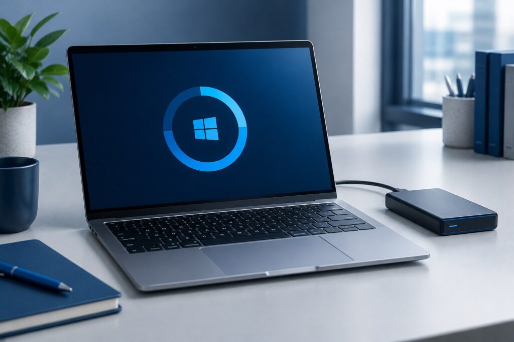 Notebook mit abstrakter Update-Anzeige und externer Festplatte zur Vorbereitung eines Windows-Versionswechsels