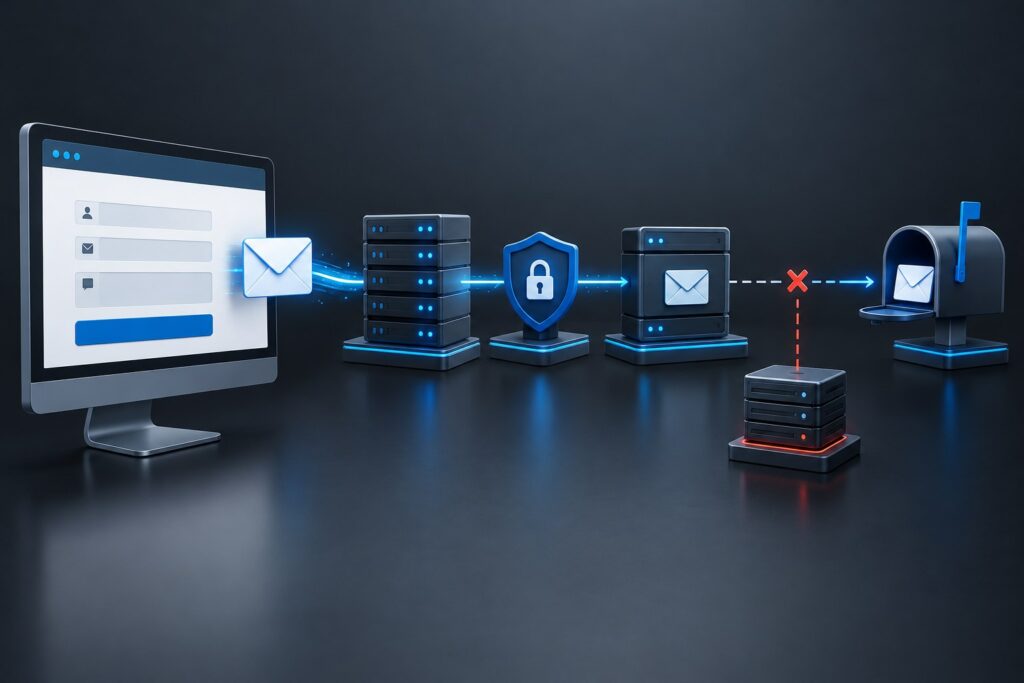 WordPress-Kontaktformular mit unterbrochener E-Mail-Zustellung zwischen Website, Server und Postfach