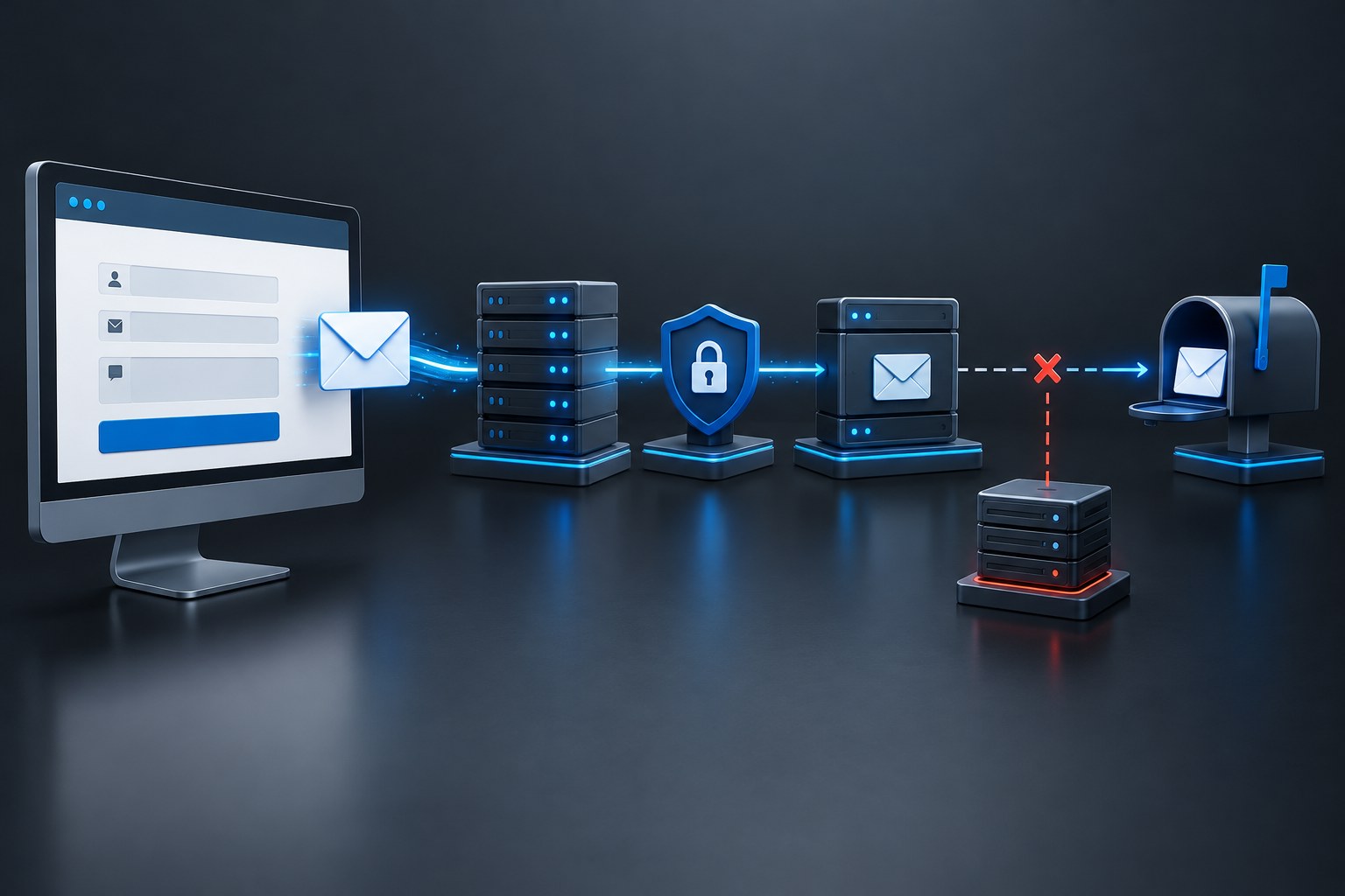 WordPress-Kontaktformular mit unterbrochener E-Mail-Zustellung zwischen Website, Server und Postfach
